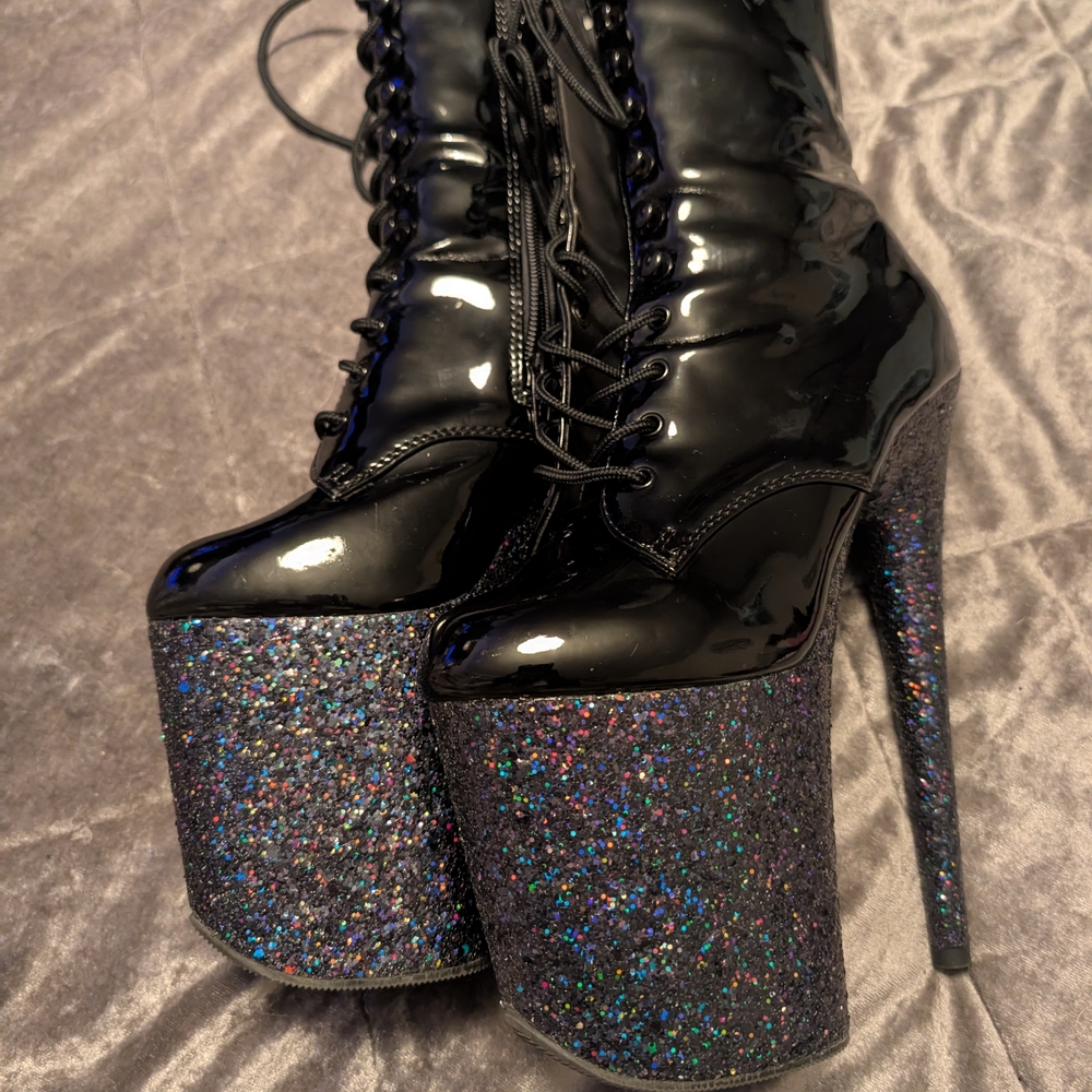 Black Glitter Platform Lace-Up Boots
